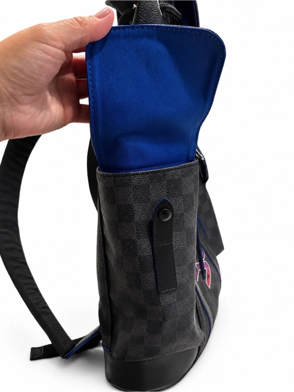 Louis Vuitton Christopher PM Backpack in Damier Graphite with Rainbow Logo.
